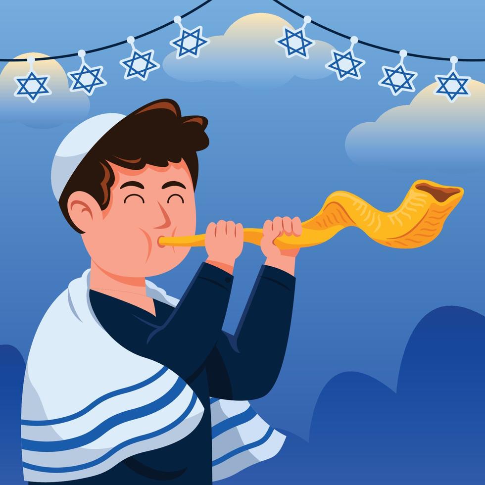 Young Jewish Boy Blowing Shofar vector