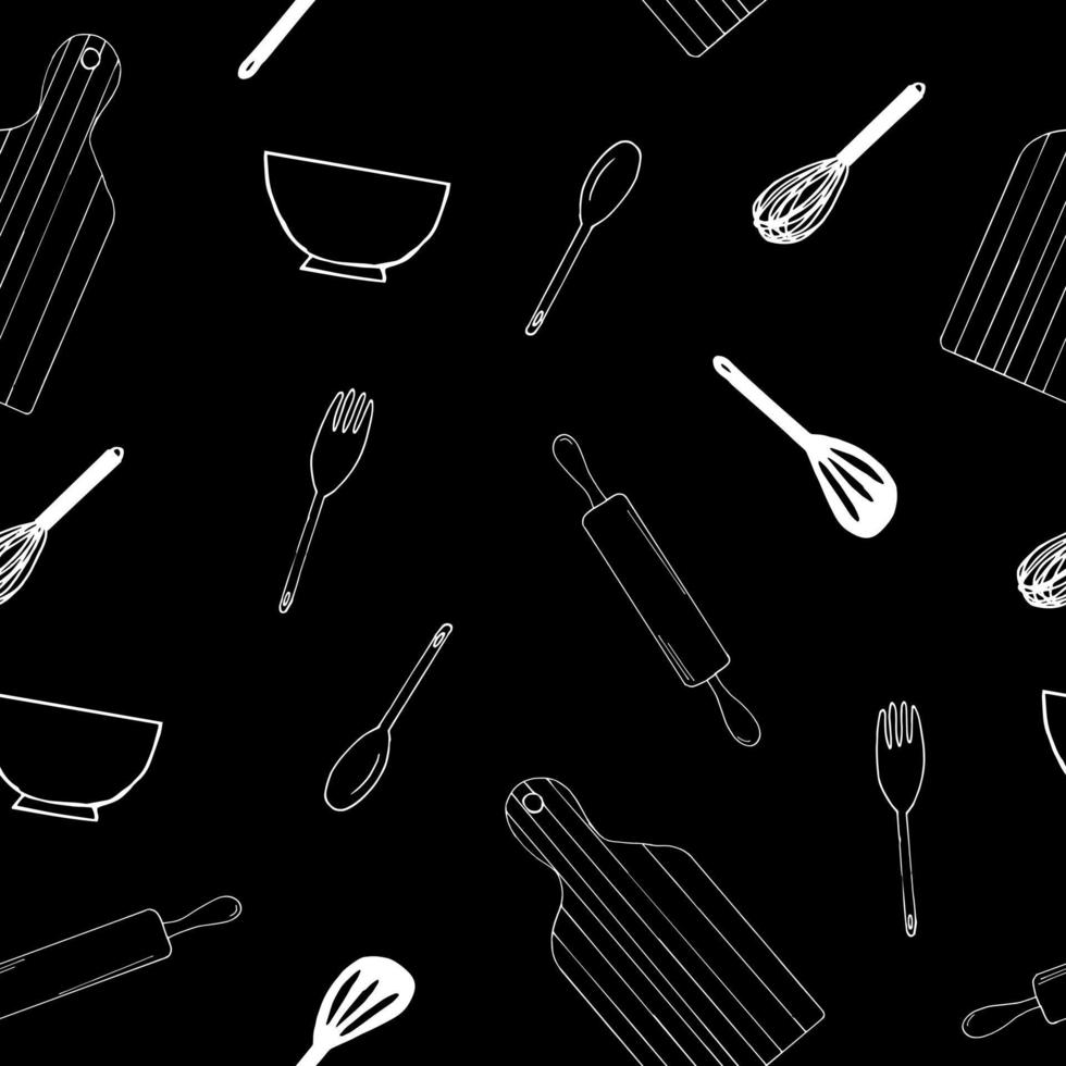 kitchen utensils seamless pattern. wallpaper, textiles. hand drawn doodle style. , minimalism, monochrome, sketch. fork, spoon, whisk spatula rolling pin cutting board food cooking vector