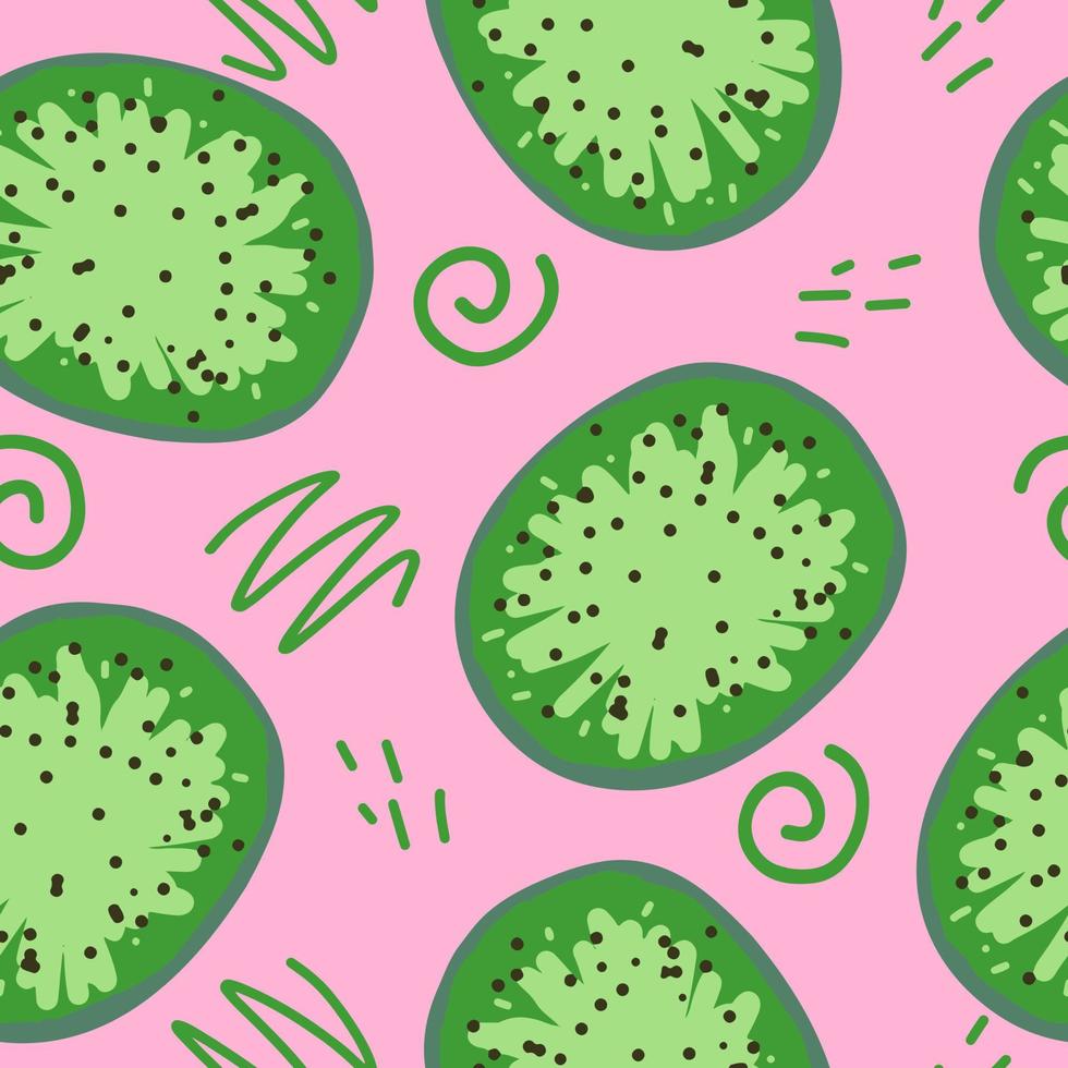 kiwi y garabatos de patrones sin fisuras. dibujado a mano. ilustración para papel pintado, papel de regalo, textil, fondo. fruta de verano jugosa fresca verde vector