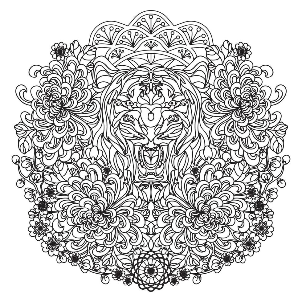 hand-drawn-ink-doodle-tiger-and-flowers-on-white-background-coloring-page-zendala-design-for-adults-poster-print-t-shirt-invitation-banners-flyers-8545251-vector-art-at-vecteezy