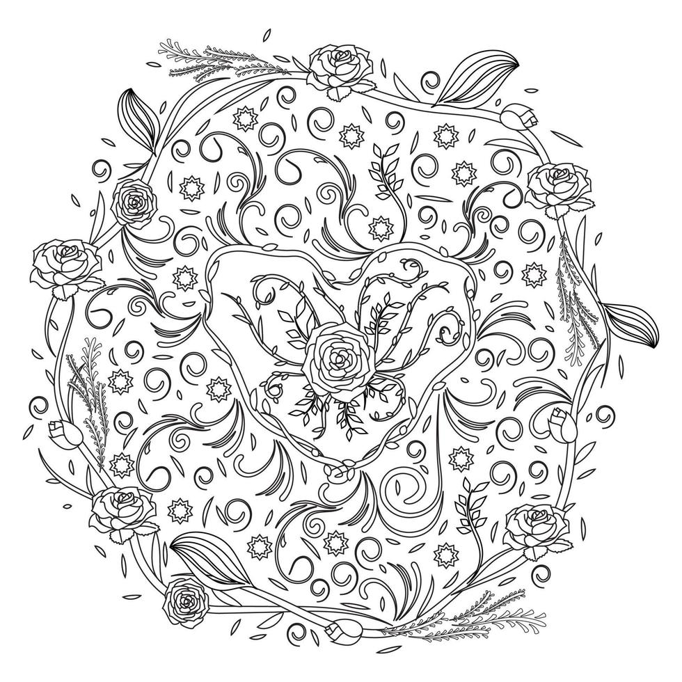 Design for coloring book. Beautiful wildflowers, lilies, roses and daisies on whole screen. Antistress or entertainment for adults and children. Cartoon flat vector illustration in linear style