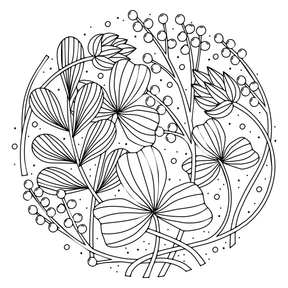 Anemone flowers, forest plant with line pattern. Vector artwork. Coloring book page for adult. Bohemia concept for wedding invitation, card, ticket, branding, boutique logo, label. Gift for girl women