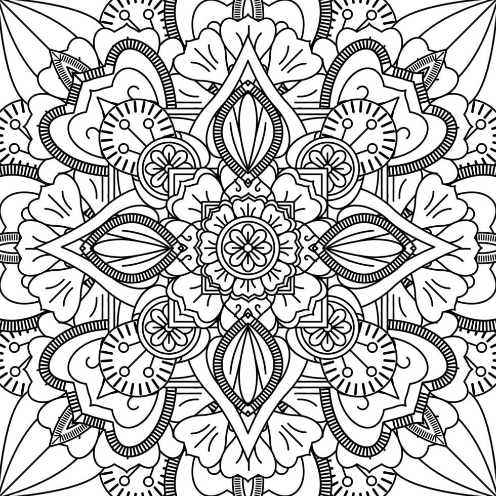 Outline square flower pattern in mehndi style for coloring book page. Antistress for adults and children. Doodle ornament in black and white. Hand draw vector illustration.