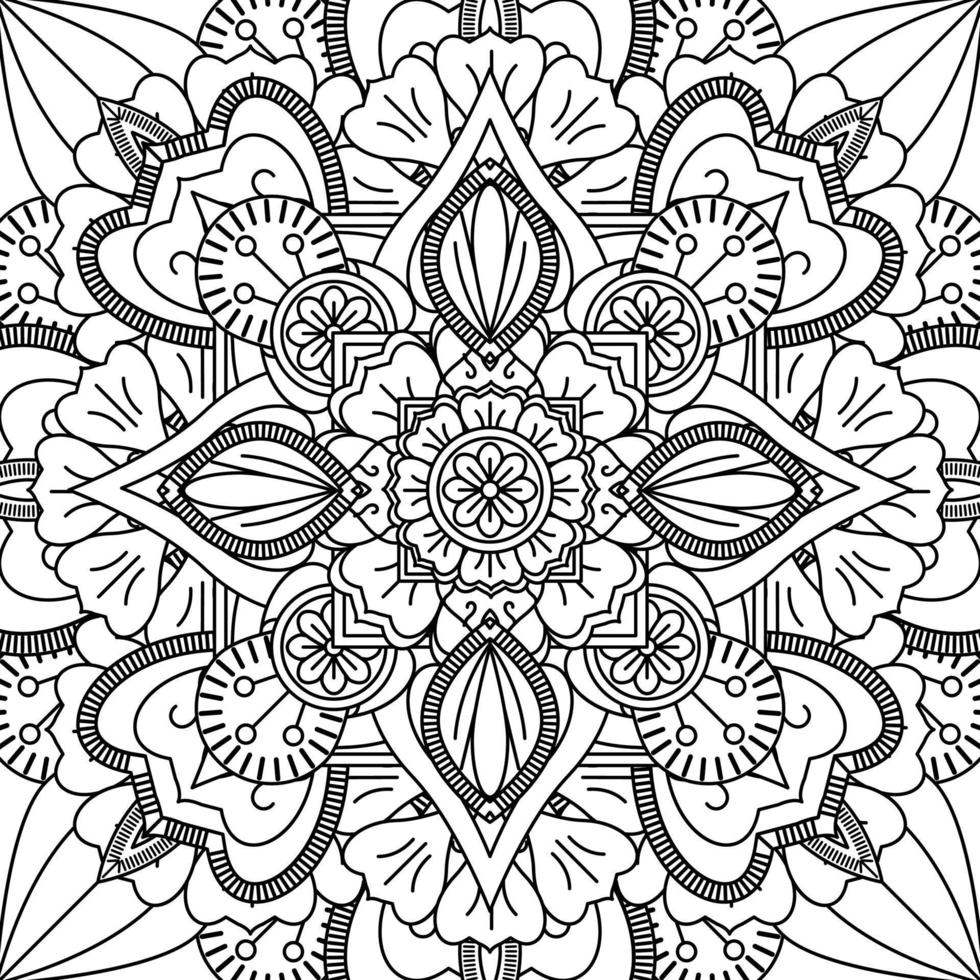 Outline square flower pattern in mehndi style for coloring book page. Antistress for adults and children. Doodle ornament in black and white. Hand draw vector illustration.