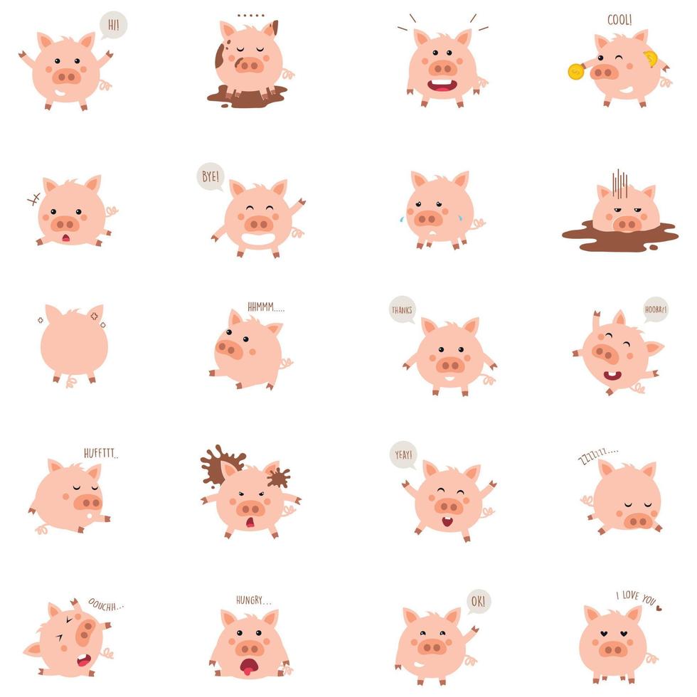 Funny pigs cartoon characters set. flat collection of little cute animals in various situations, singing, acting, dancing, and having fun. vector