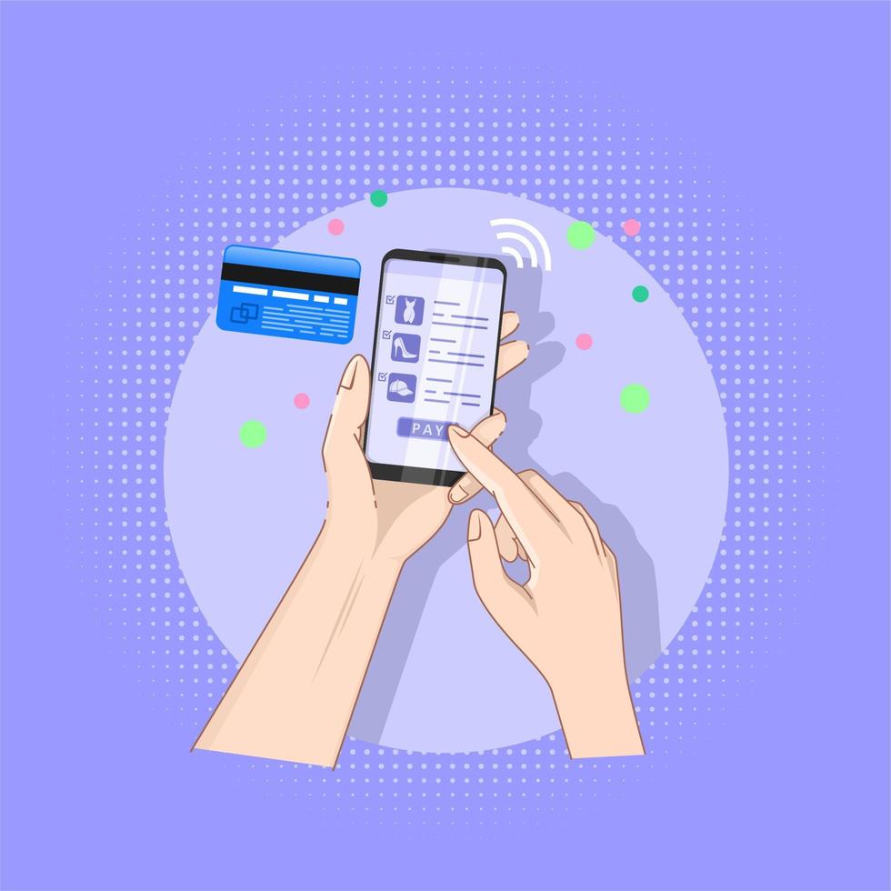 Pay by credit card via electronic wallet wirelessly on phone. vector illustration