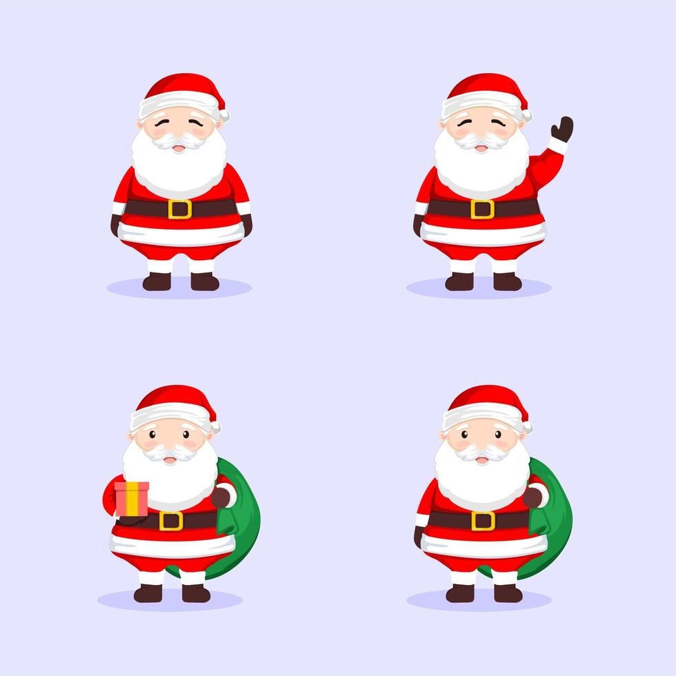 conjunto de santa claus. personajes en movimiento de vacaciones de dibujos animados. lindo padre helado con bolsa de regalo, levante las manos y dio la bienvenida a la ilustración vectorial. vector