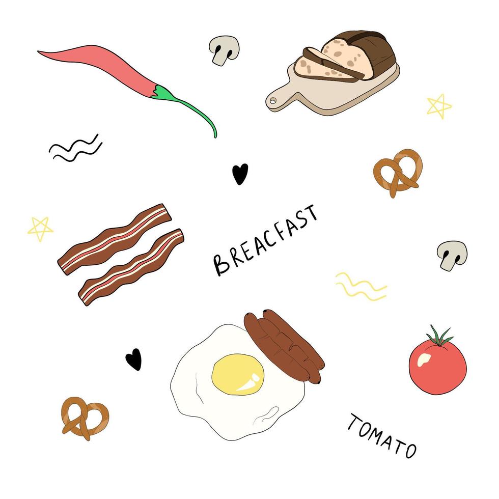 comida para el desayuno. tocino, huevos revueltos y salchichas, pan, tomate y pimiento. sabrosa comida y bebidas. ilustraciones vectoriales de moda. vector