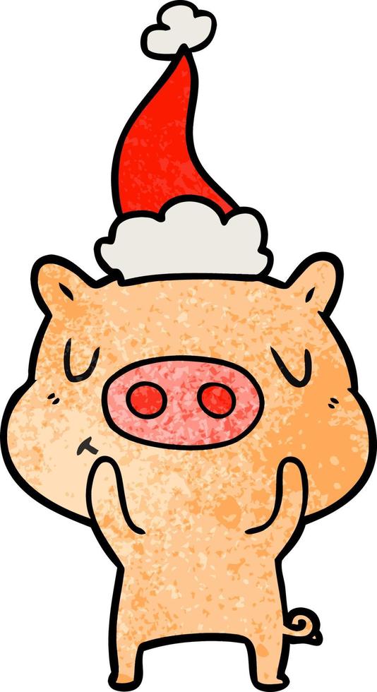 textured cartoon of a content pig wearing santa hat vector