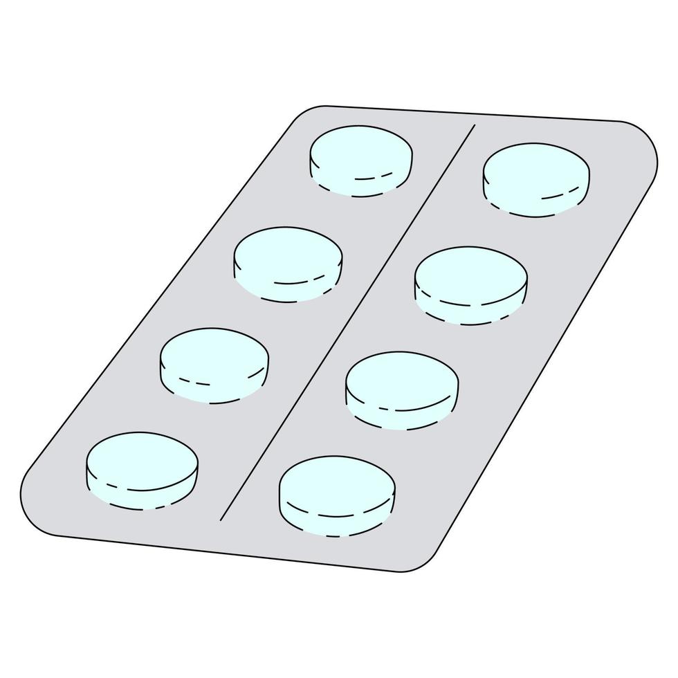 Tablets in a blister pack. Blue pills in cartoon style. Vector illustration isolated on white background