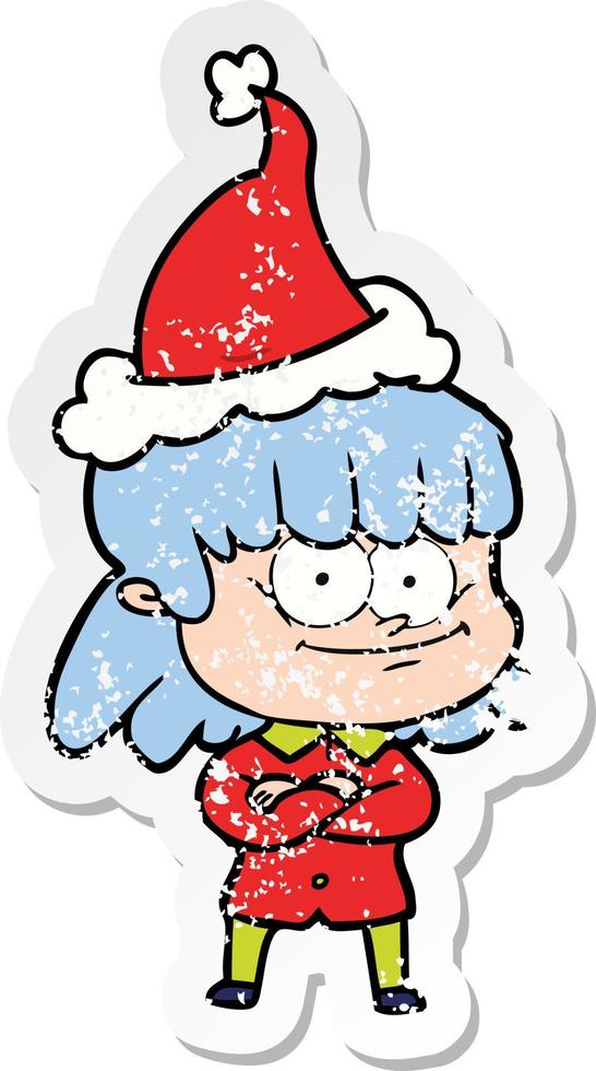 distressed sticker cartoon of a smiling woman wearing santa hat vector