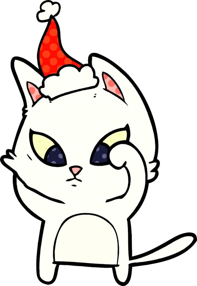 confused comic book style illustration of a cat wearing santa hat vector