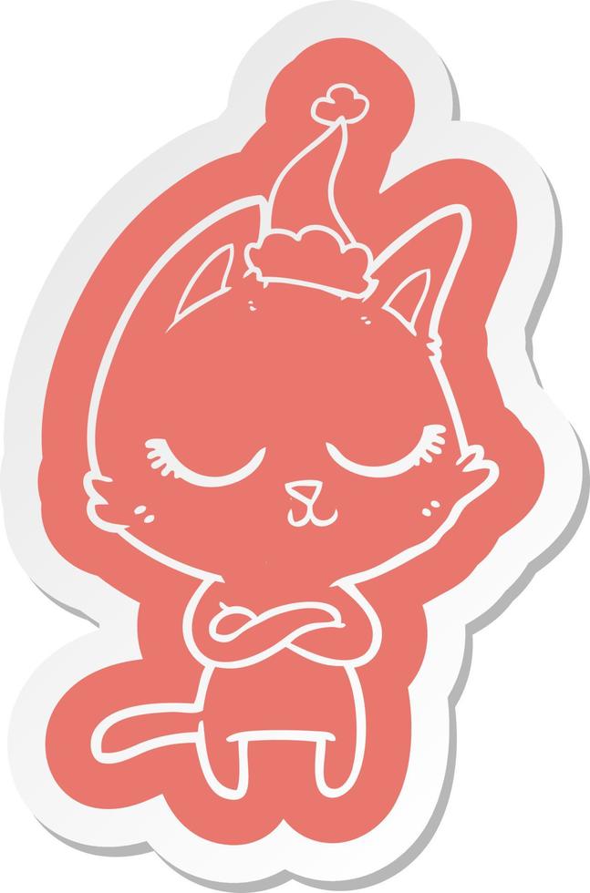 calm cartoon  sticker of a cat wearing santa hat vector