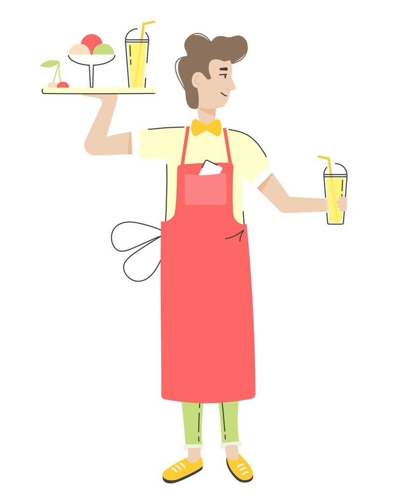 A young waiter in a red long apron. In his hands is a tray of drinks and ice cream. Work for students. Summer part-time job in a cafe or restaurant. Vector isolated image on a white background.