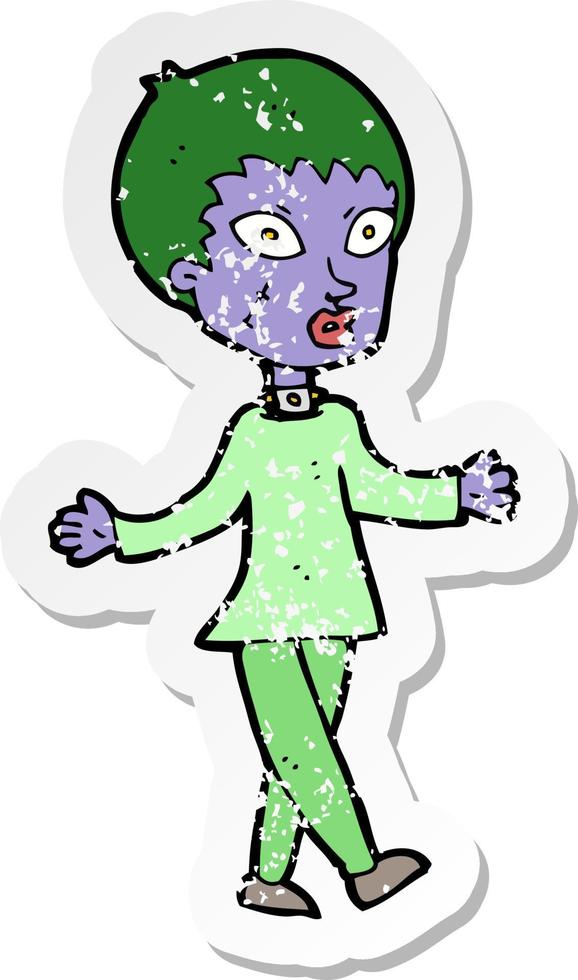 retro distressed sticker of a cartoon halloween zombie woman vector