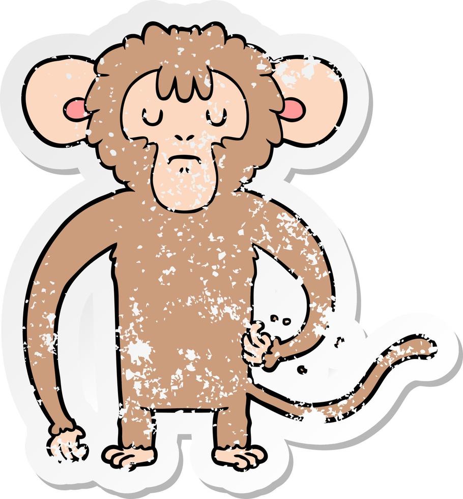 distressed sticker of a cartoon monkey scratching vector