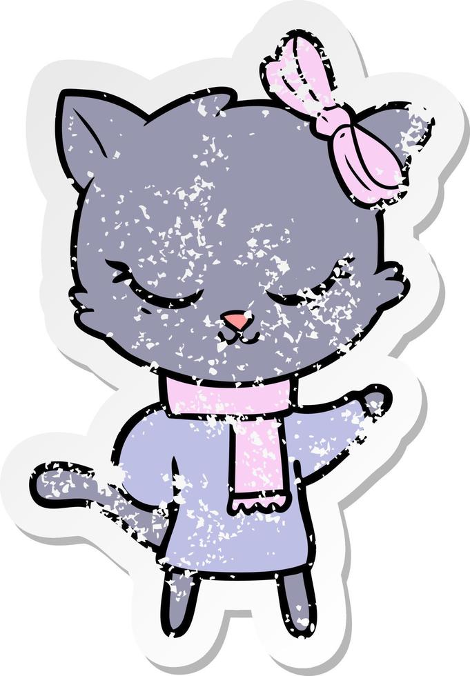 distressed sticker of a cute cartoon cat with bow vector