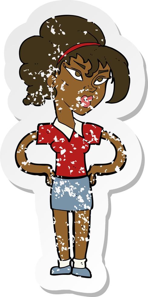 retro distressed sticker of a cartoon woman with hands on hips vector