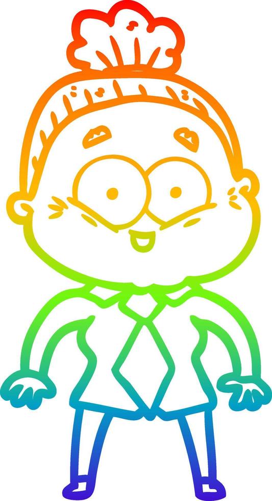 rainbow gradient line drawing cartoon happy old woman vector