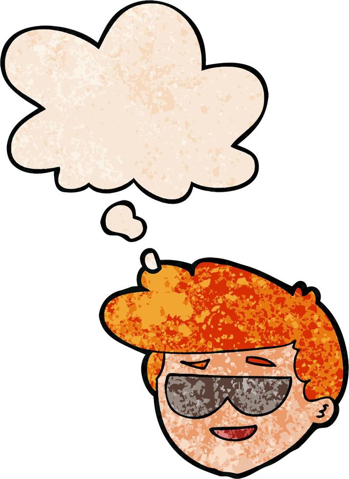 cartoon boy wearing sunglasses and thought bubble in grunge texture pattern style vector