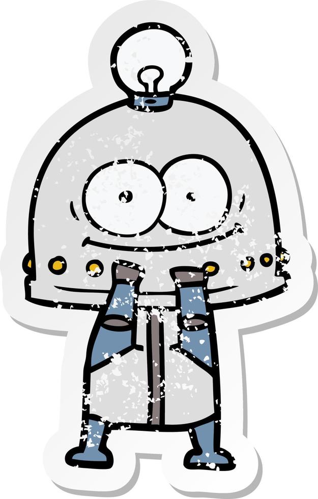 distressed sticker of a happy carton robot with light bulb vector