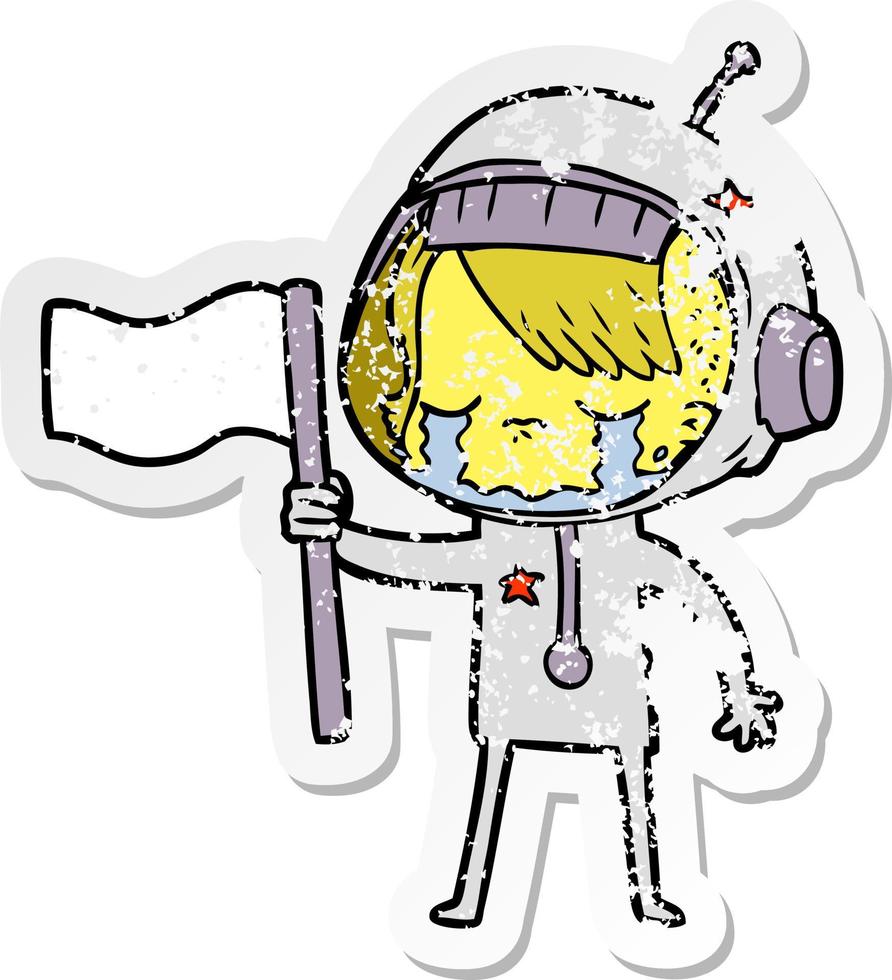 distressed sticker of a cartoon crying astronaut girl vector