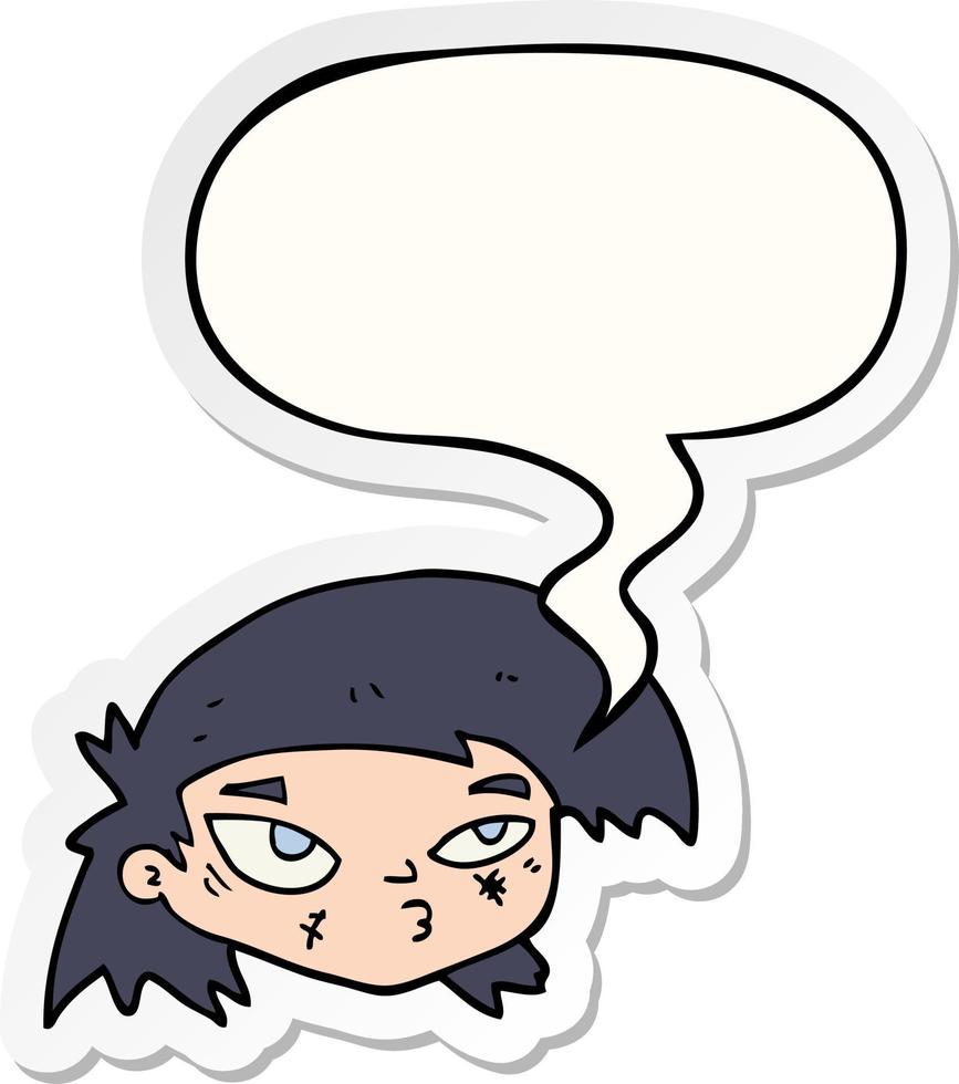 cartoon scratched up face and speech bubble sticker vector