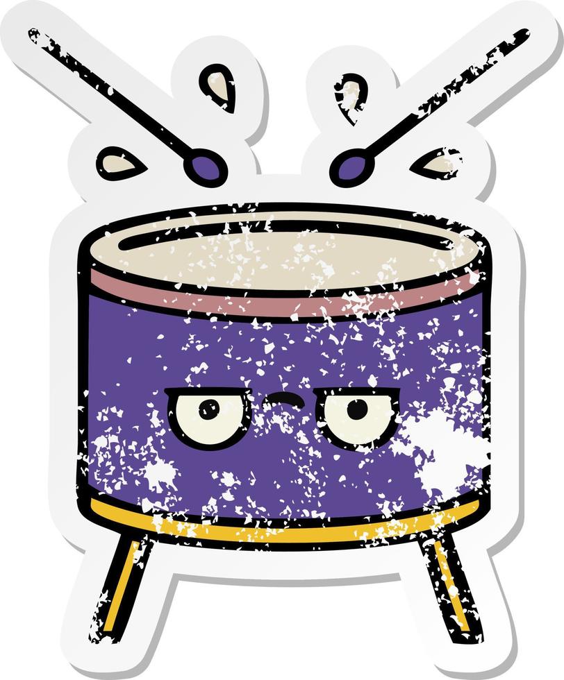 distressed sticker of a cute cartoon drum vector