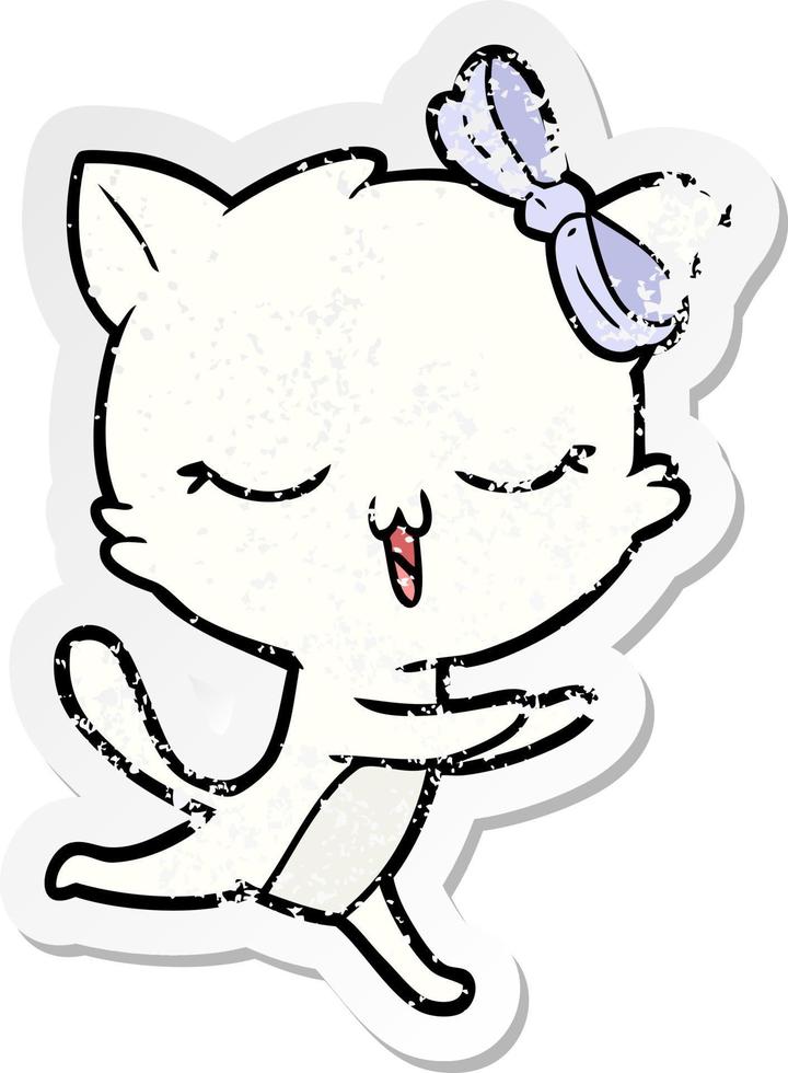 distressed sticker of a cartoon cat with bow on head vector