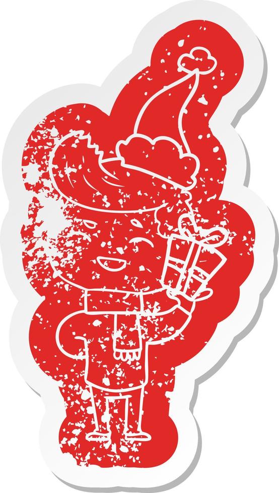 cartoon distressed sticker of a man laughing wearing santa hat vector