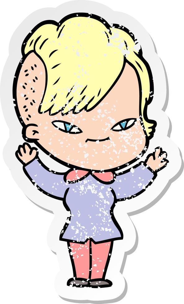 distressed sticker of a cute cartoon girl with hipster haircut vector