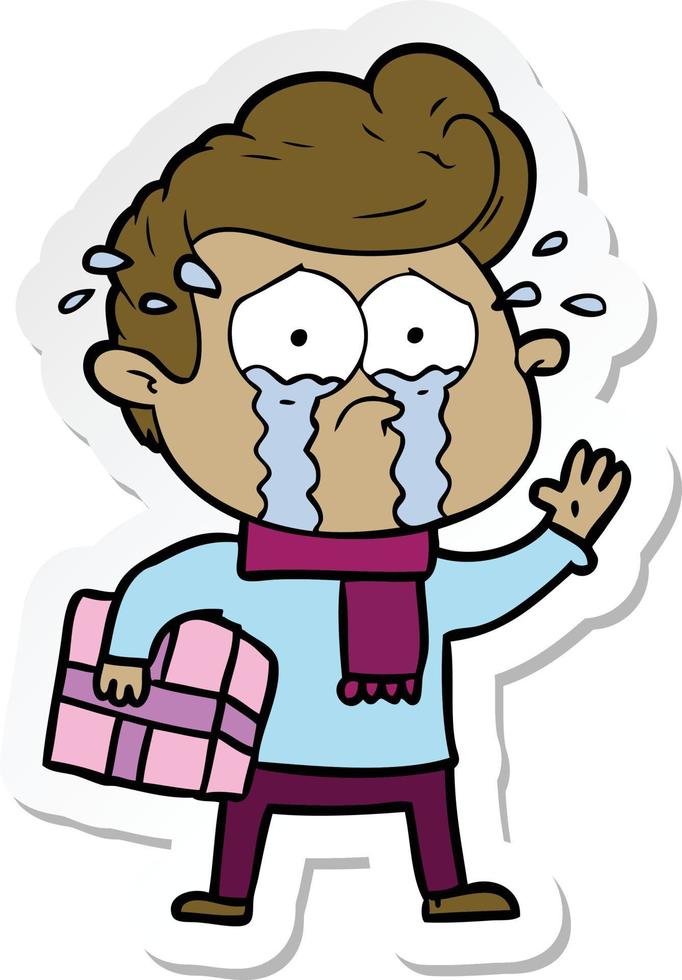 sticker of a cartoon crying man with present vector