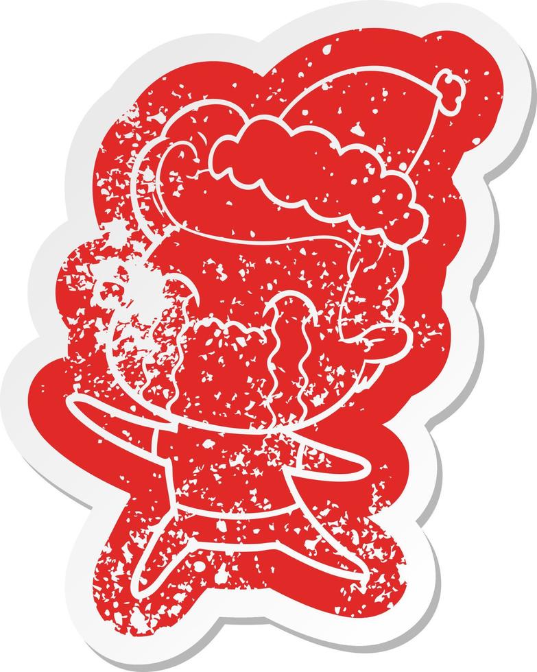 cartoon distressed sticker of a man crying wearing santa hat vector