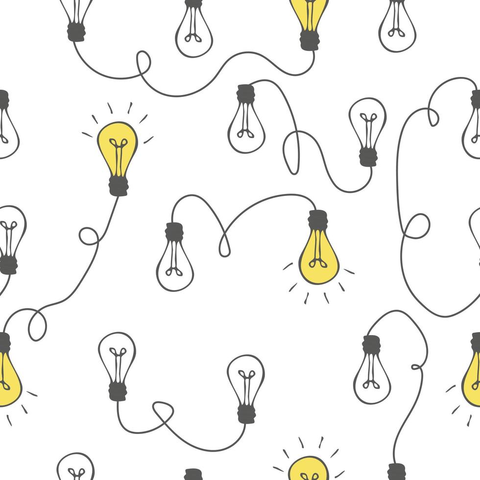 The way to solve a complex idea. Light bulbs and lines, chaotic thoughts seamless pattern. Doodle vector illustration