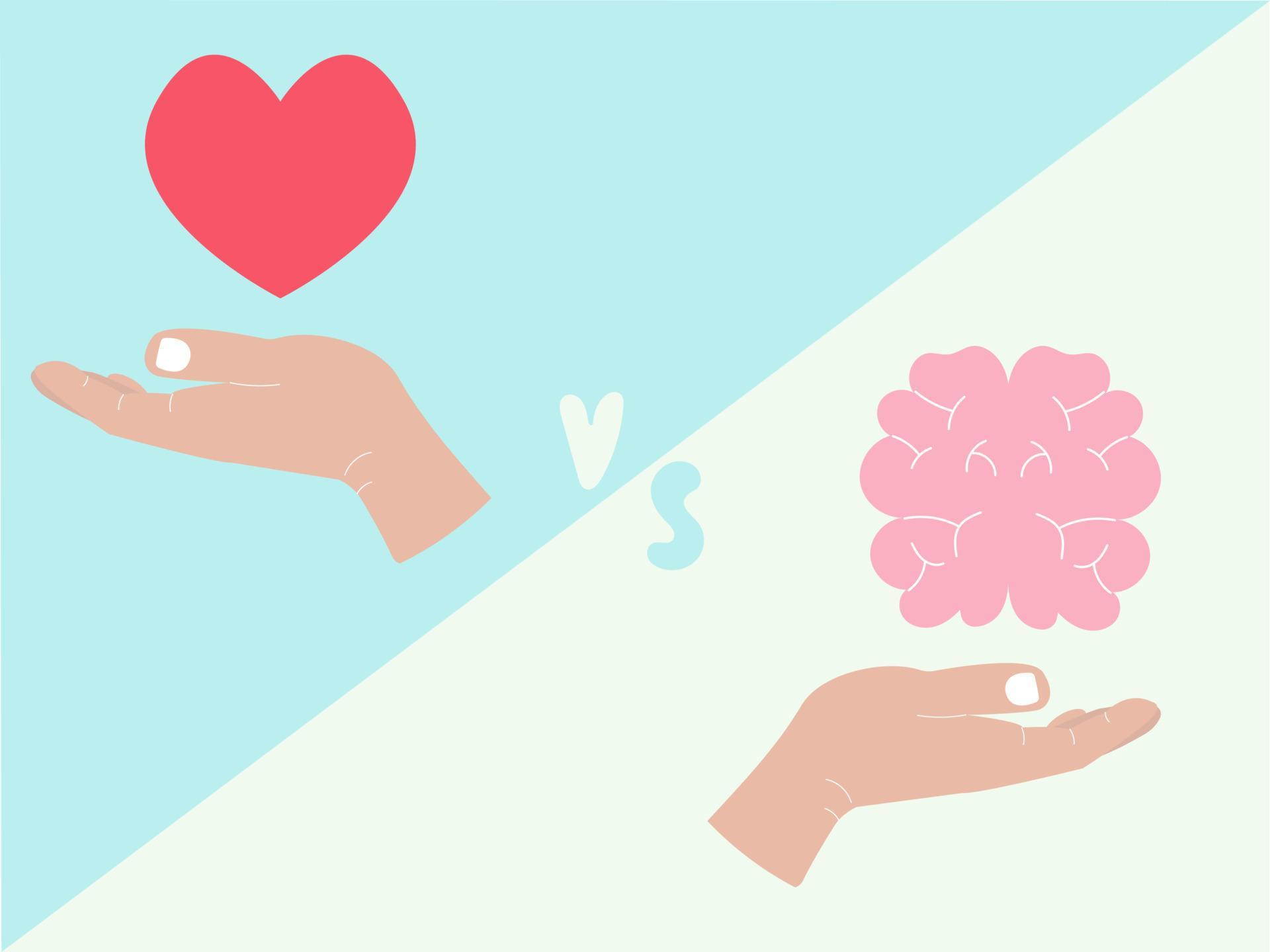 Heart vs brain. Balance of mind and feelings concept. Flat vector