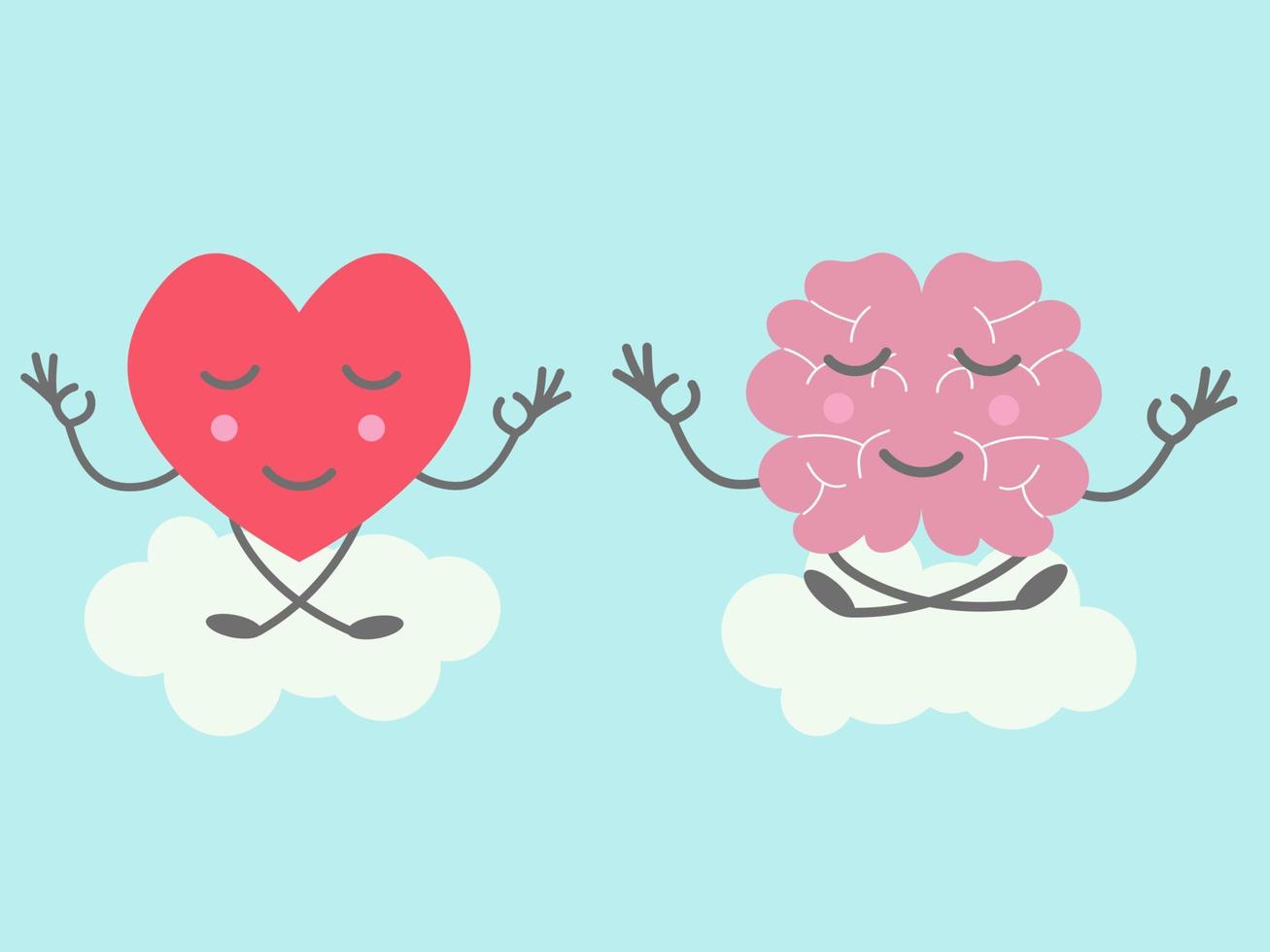 Funny heart and smiling brain meditation. Balance of mind and feelings concept. Flat vector illustration