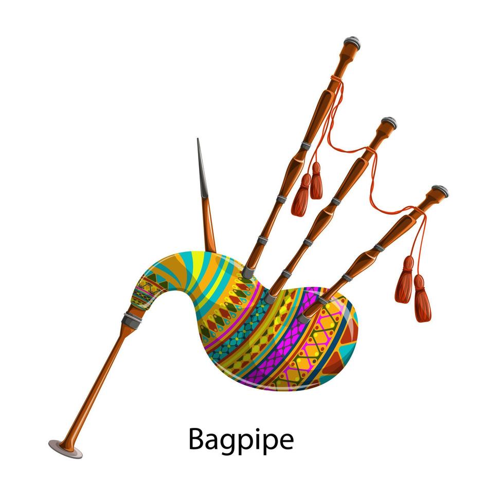 Vector image of a bagpipe in bright colors and tassels on a white background. In cartoon style