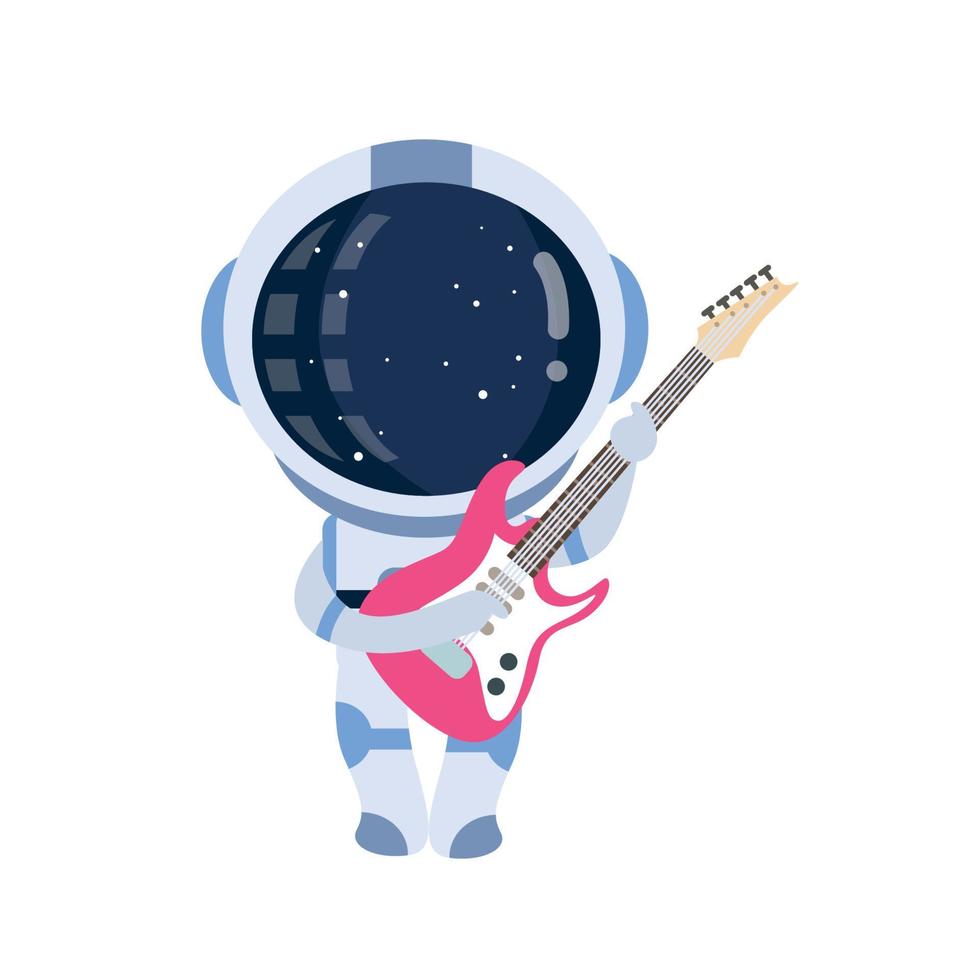 astronauta divertido que lleva dibujos animados vectoriales de iconos de ilustración de guitarra eléctrica. concepto de icono de tecnología de ciencia vectorial aislada premium. vector