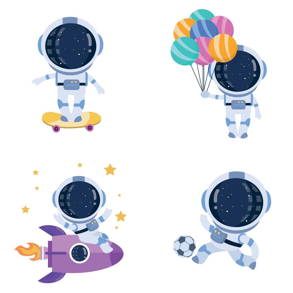 lindo astronauta con ilustración de iconos vectoriales patineta de dibujos animados, globo, pelota y nave espacial vector