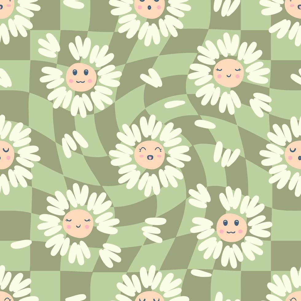 Trippy grid seamless pattern with flowers in 1970 style. vector