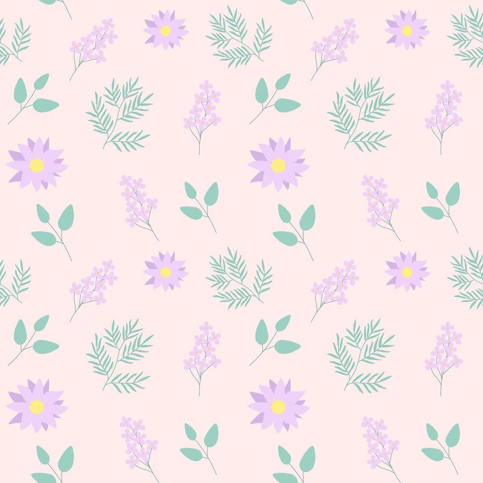 patrón floral transparente con manzanilla púrpura y flores lilas y manchas redondas vector