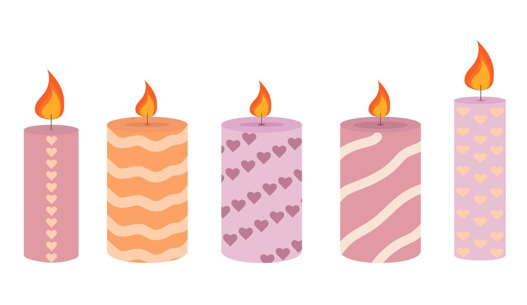 Burning cute wax and paraffin scented candles. Candles decor for home and comfort, holiday vector