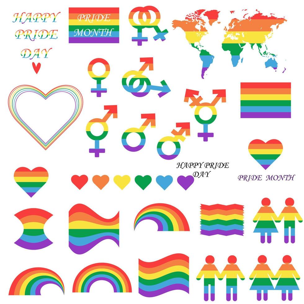 un conjunto de ilustraciones vectoriales con símbolos lgbt y una bandera del arco iris. vector