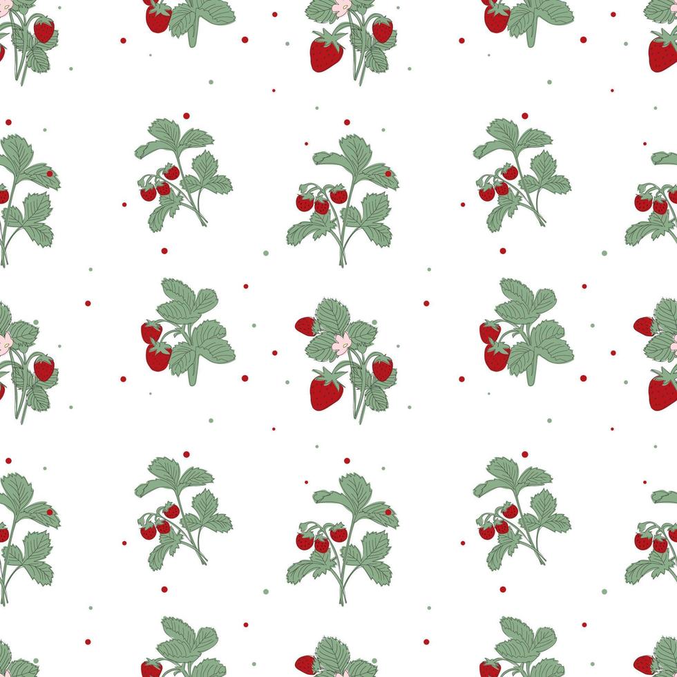 Bright summer pattern with strawberry bushes and abstract round spots vector