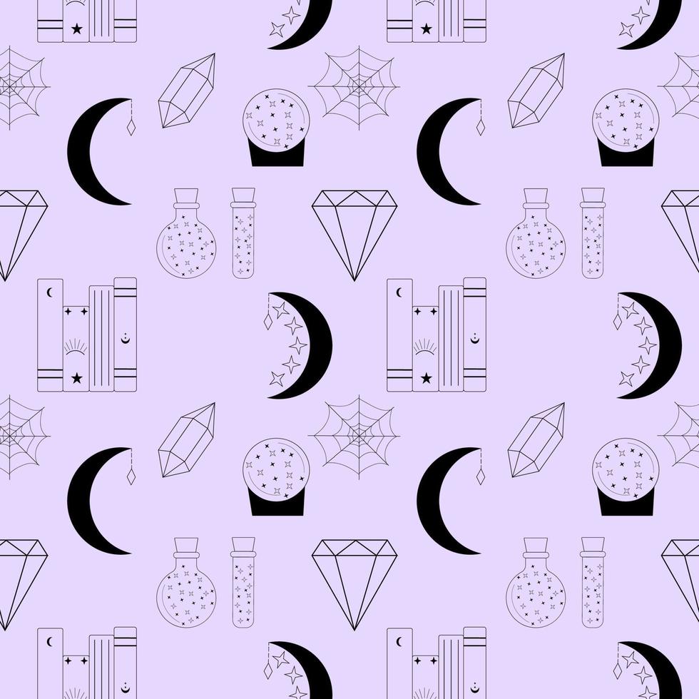 Seamless pattern for halloween with cobweb witch paraphernalia. vector