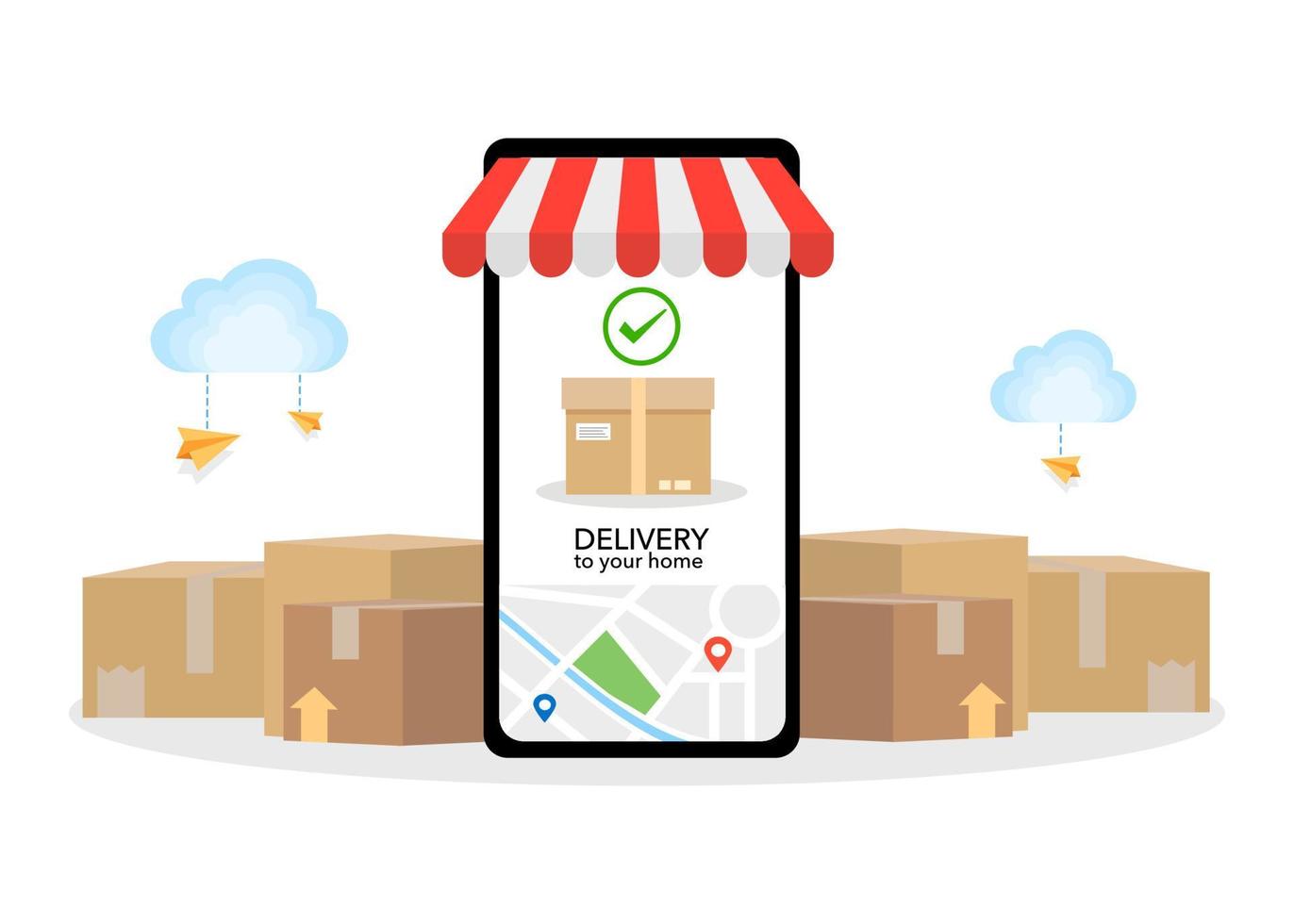 Online delivery app for parcel, package. Fast shipping service on mobile. Order tracking with map on phone screen. Ship around the world to home. Delivered success. Flat vector illustration.