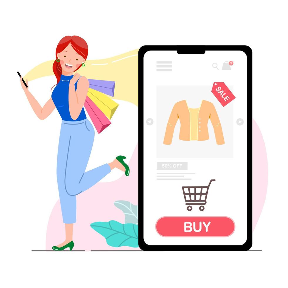 compras en línea en la aplicación móvil. niña feliz usando teléfono comprando tela o camisa de venta para mujer. tienda de compradores en el teléfono inteligente. oferta especial, descuento, concepto de tienda de ropa. ilustración vectorial plana. vector