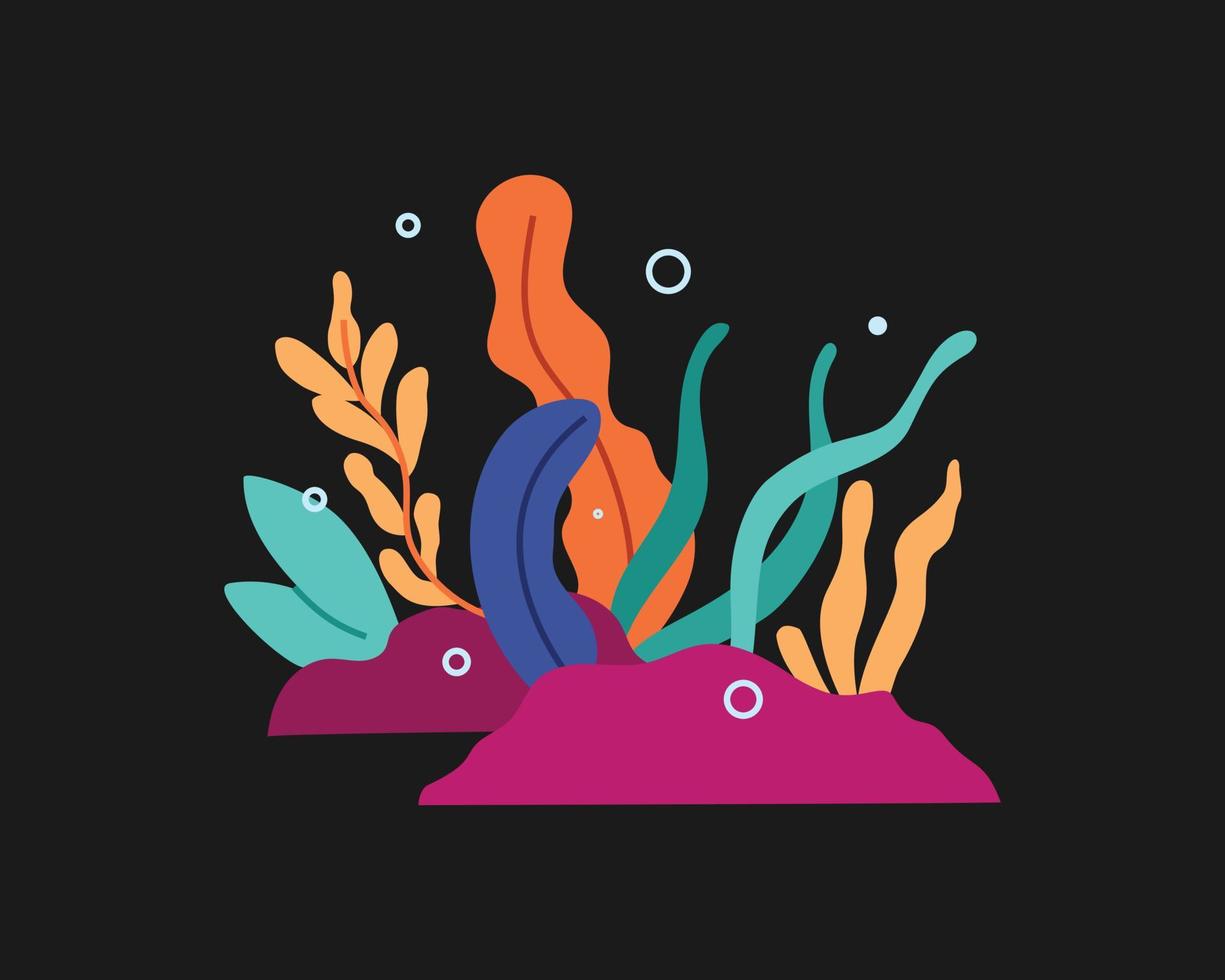 ilustración dibujada a mano de un paisaje del mundo submarino en estilo de dibujos animados. Lindas plantas submarinas de diseño plano y corales en el fondo del mar. vector