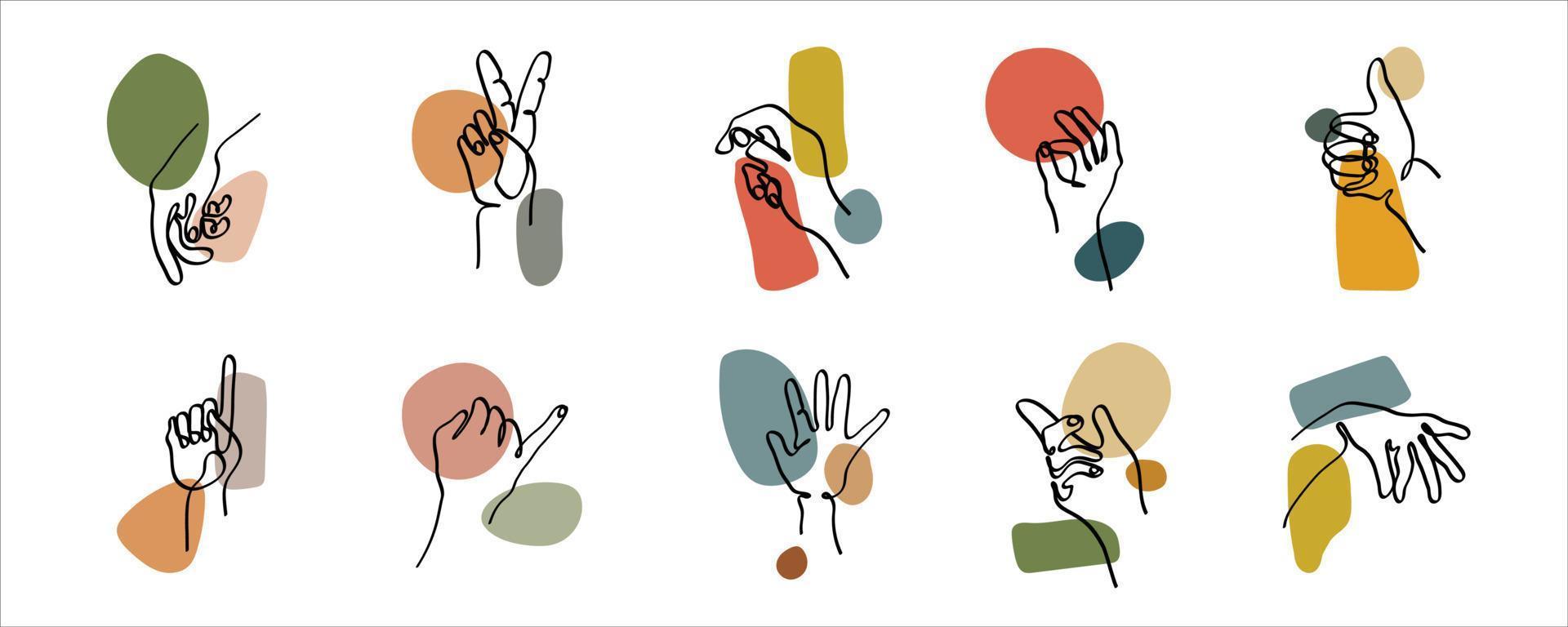 set of hand gestures is created with colored abstract shapes. simple hand drawn illustrations for wall art decoration and print. collection of gestures for symbols and communication vector