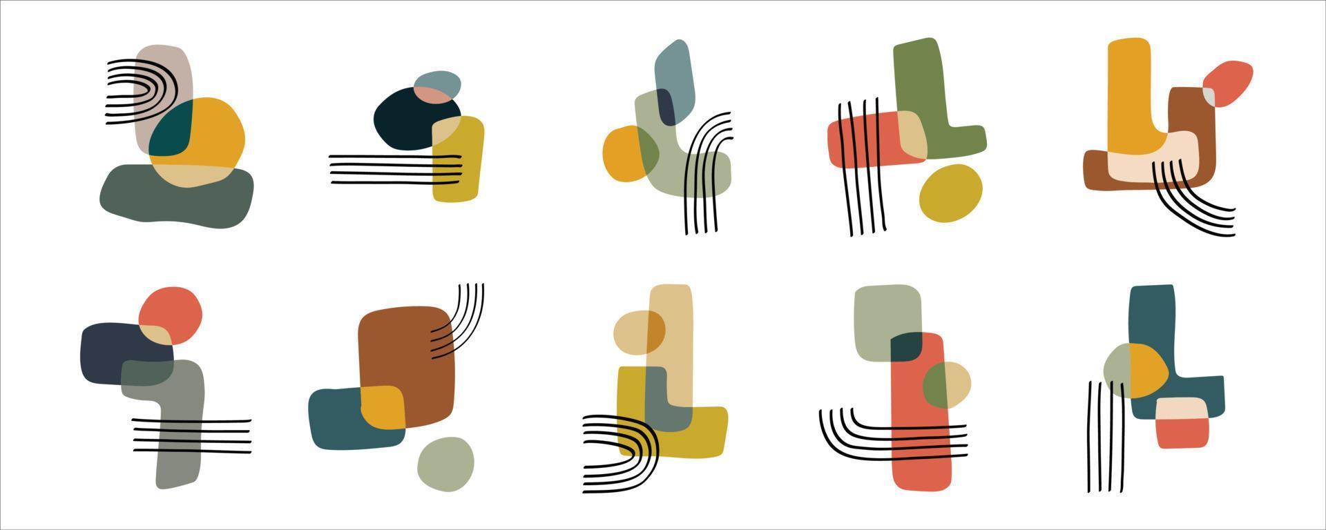 set of abstract line illustrations and hand drawn shapes. composition of boho style design elements for posters, wall art, decorations, and ornaments. vector